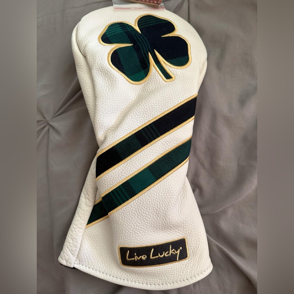 Live Lucky White Golf Headcover with Green Shamrock